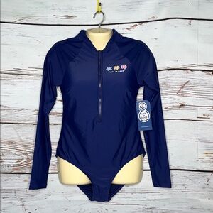 Life Is Good NWT M Navy Blue Daisy UPF 50+ One Piece 1/2 Zip Rash Guard Swimsuit